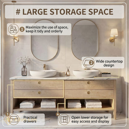60''-96'' Double Bathroom Vanity with Sink Woodgrain Marble Pattern Floating Frame Cabinet