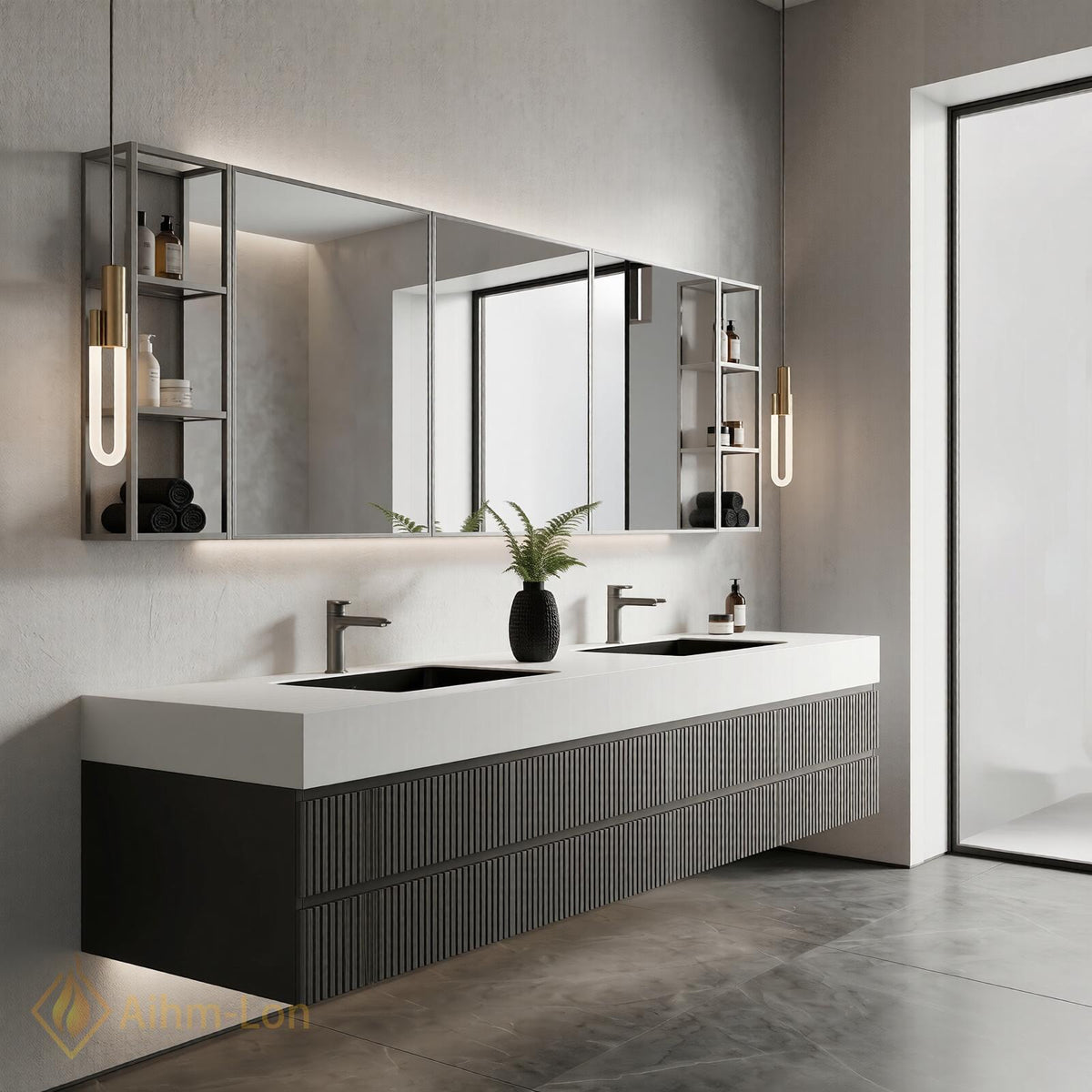 60''-96'' Double Bathroom Vanity with Sink Floating Double Charcoal Finish Slatted Front