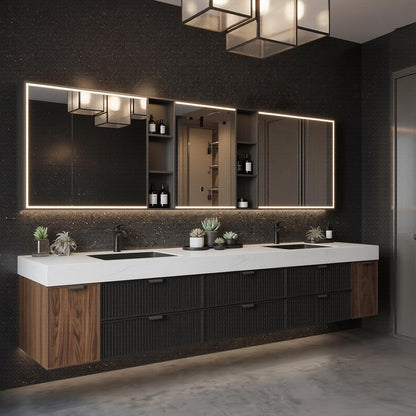 70''-96'' Modern Bathroom Vanity with Sink Floating Ribbed Drawers Wide Top Cabinet