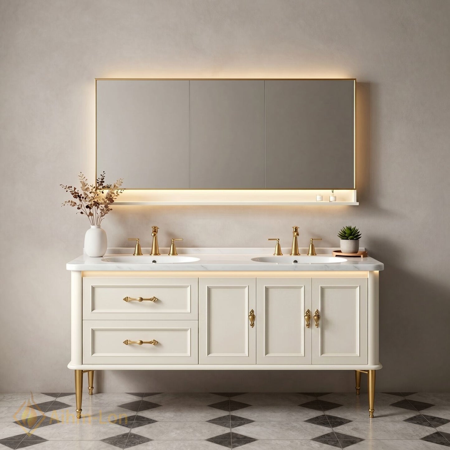 60''-96'' Elegant Bathroom Vanity with Sink Double Sink Marble-Like Top Panel Mirror