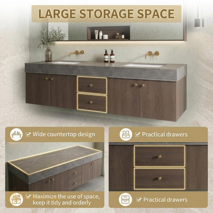 60''-96'' Modern Double Floating Bathroom Vanity with Sink Dark Walnut Slatted Panel