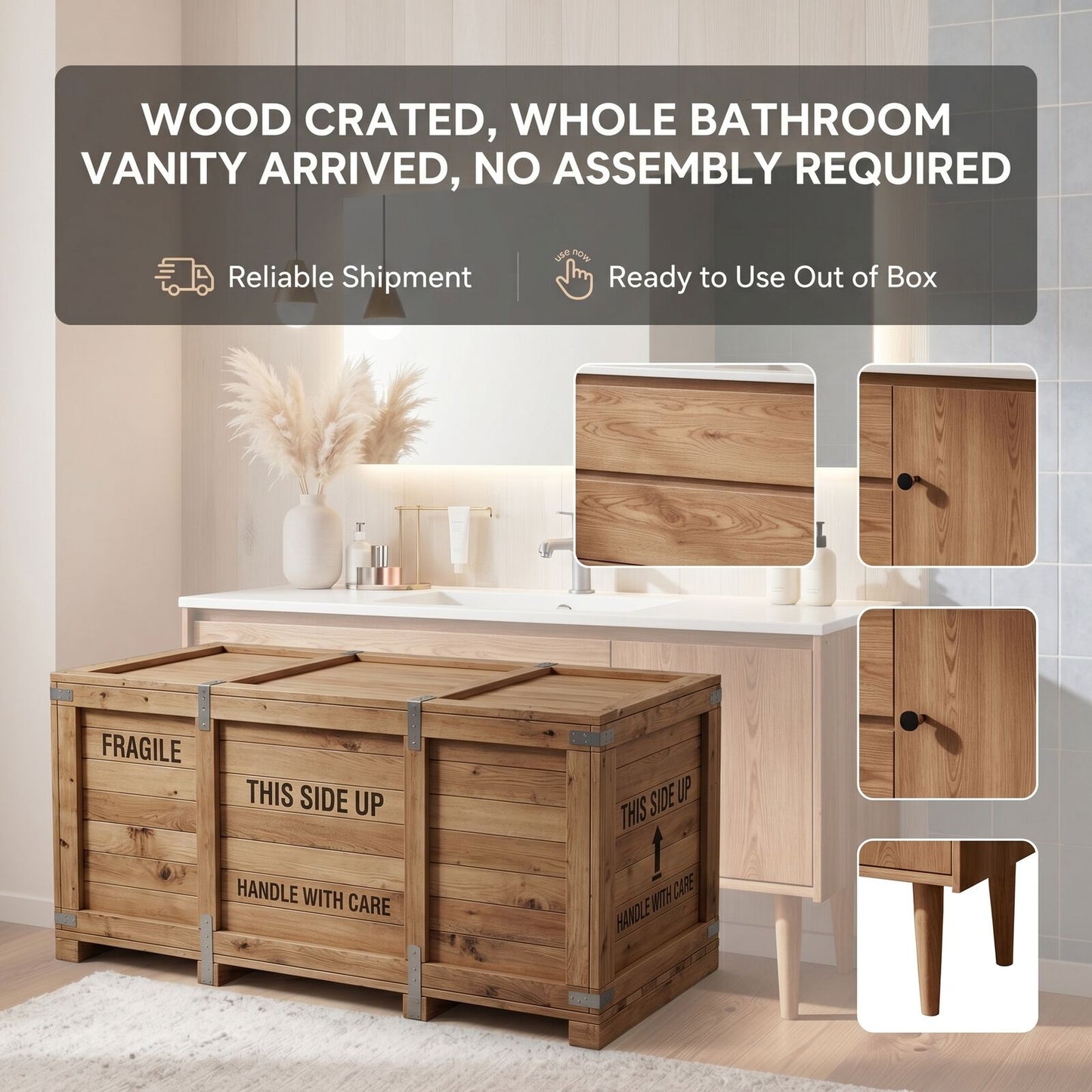 36''-64'' Modern Bathroom Vanity with Sink White Oak Tapered Leg Rectangular Mirror