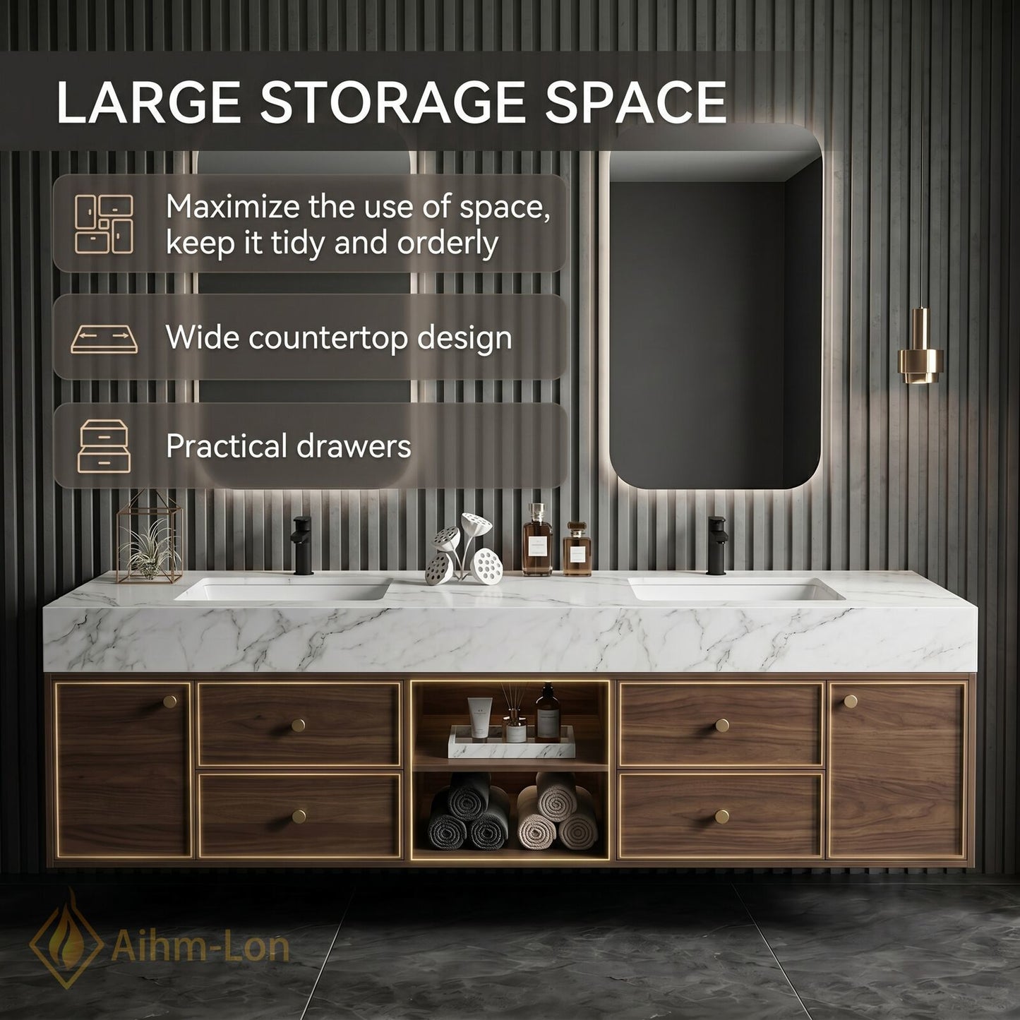 74''-96'' Double Bathroom Vanity with Sink Floating Storage Drawers Open Shelf Dual