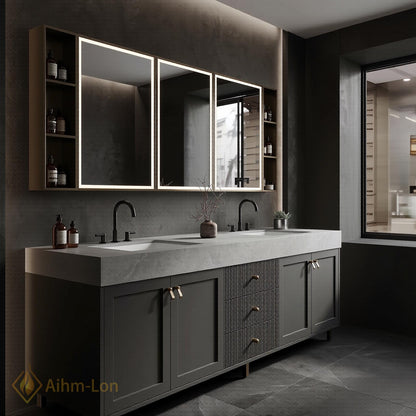 60''-96'' Double Bathroom Vanity with Sink Ribbed Center Panel Charcoal Gray Finish