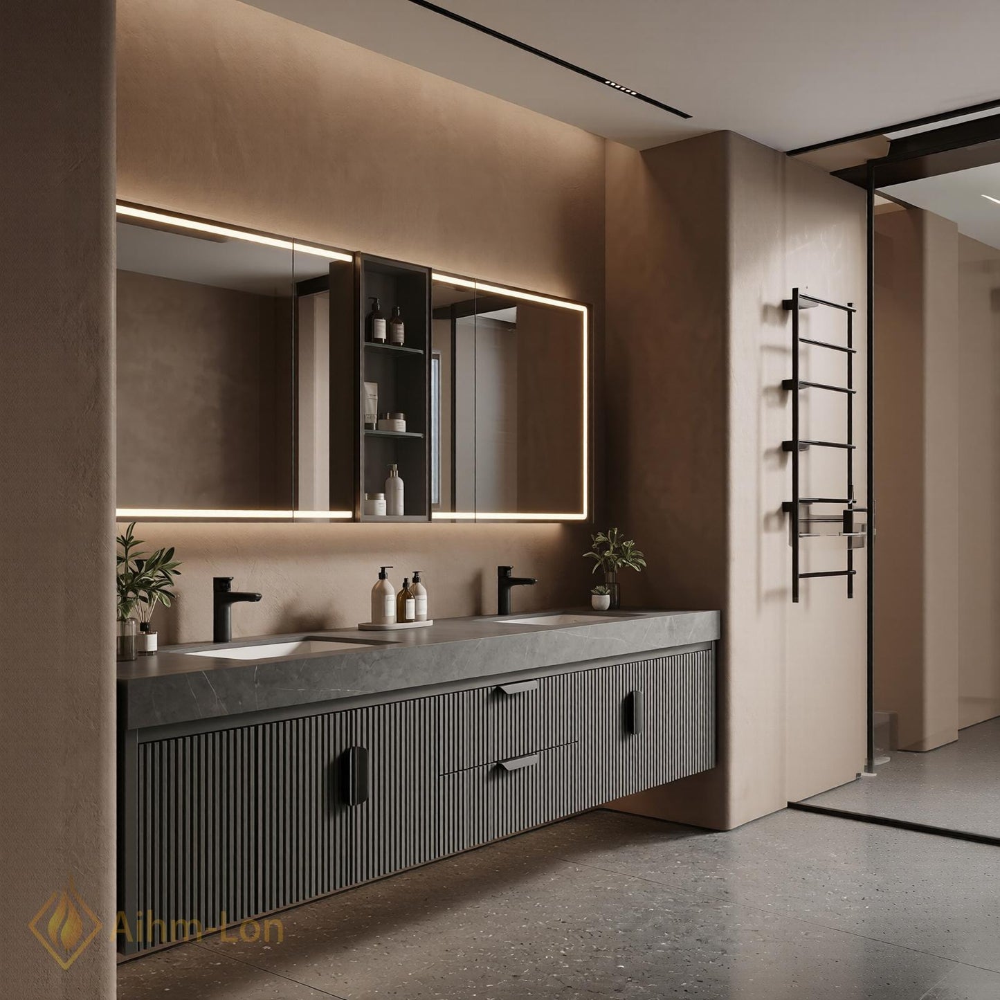 60''-96'' Modern Double Bathroom Vanity with Sink Dark Slate Fluted Vertical Panel