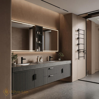 60''-96'' Modern Double Bathroom Vanity with Sink Dark Slate Fluted Vertical Panel