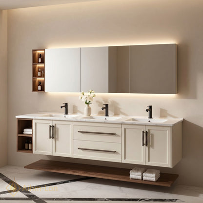 72''-96'' Floating Bathroom Vanity with Sink Triple Bowl Basin Marble Textured Top