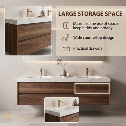60''-96'' Modern Bathroom Vanity with Sink Marble Floating Storage Anti-Fog Mirror