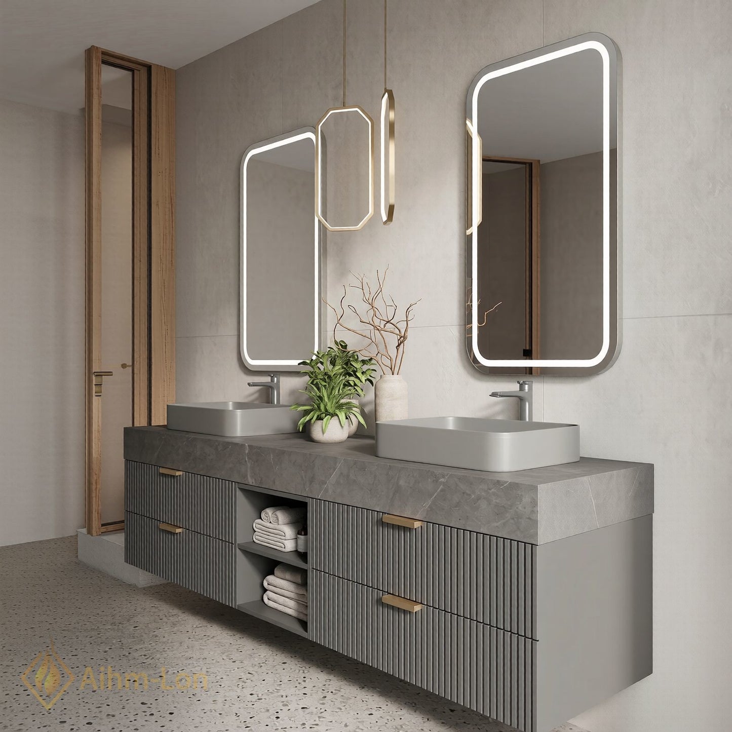 60''-96'' Double Bathroom Vanity with Sink Floating Open-Shelving Basin Gray Stone Slab
