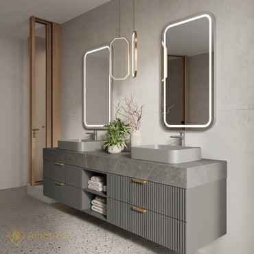 60''-96'' Double Bathroom Vanity with Sink Floating Open-Shelving Basin Gray Stone Slab