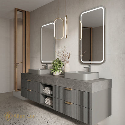60''-96'' Double Bathroom Vanity with Sink Floating Open-Shelving Basin Gray Stone Slab