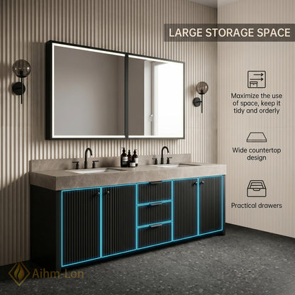 60''-96'' Double Bathroom Vanity with Sink Slatted Front Panel Stone Effect Top