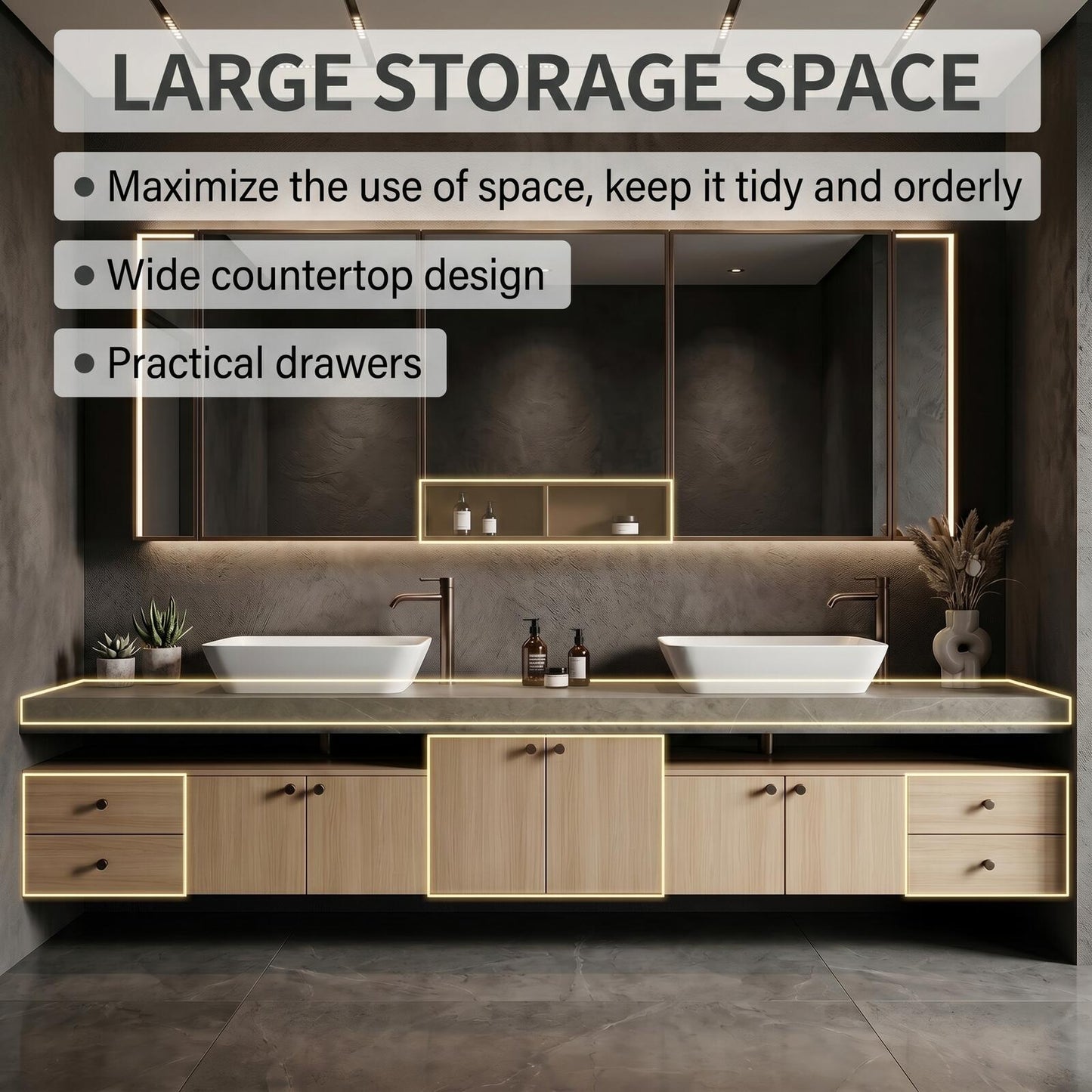 76''-96'' Floating Bathroom Vanity with Sink Dark Gray Stone Light Wood Drawers Mirror Cabinet