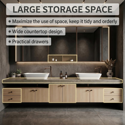 76''-96'' Floating Bathroom Vanity with Sink Dark Gray Stone Light Wood Drawers Mirror Cabinet