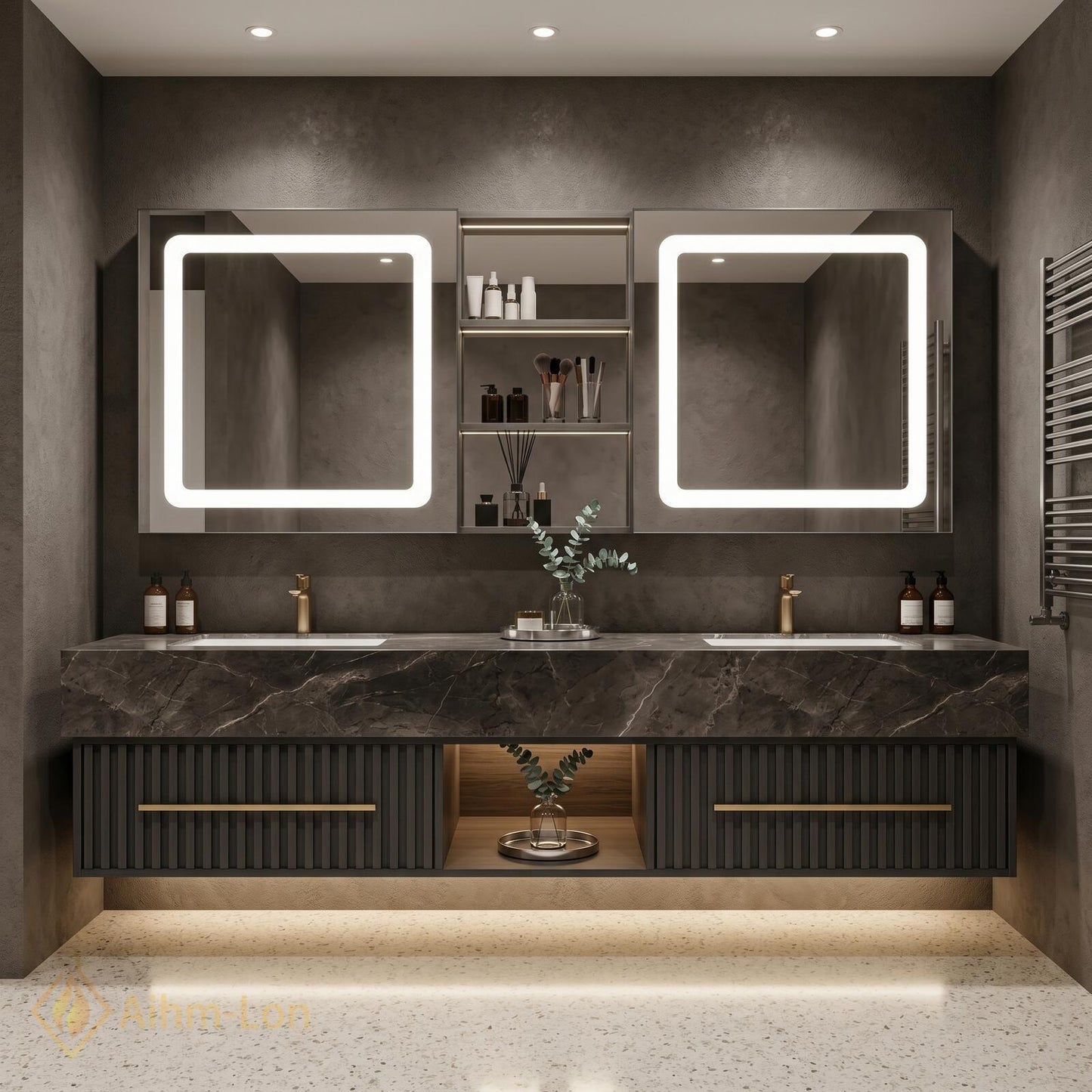 60''-96'' Double Bathroom Vanity with Sink Modern Floating Dark Stone Top Slatted