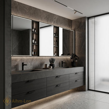 60''-96'' Modern Double Bathroom Vanity with Sink Floating Dark Stone-Grain Deep Drawer