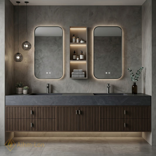 60''-96'' Double Bathroom Vanity with Sink Floating Wall-Mounted Cabinet Dark Stone Surface