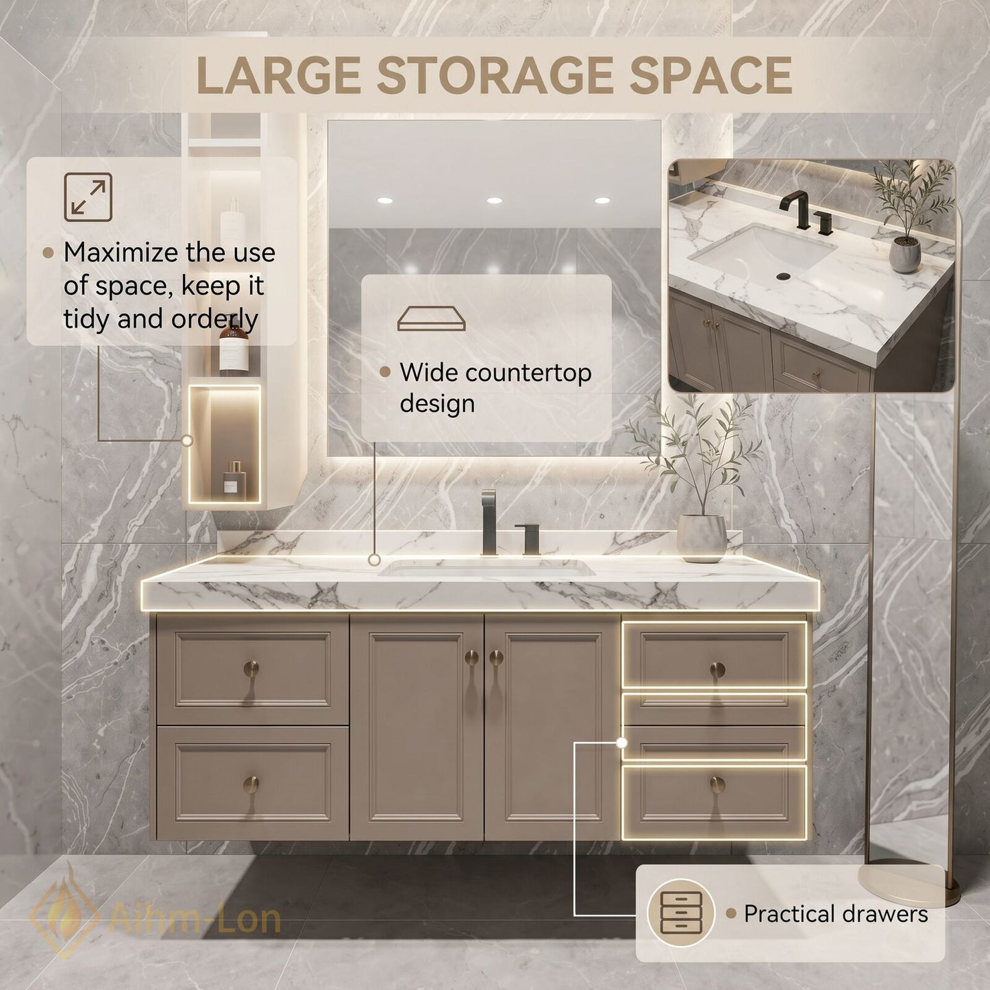 48''-64'' Modern Bathroom Vanity with Sink Floating Beige Marble Vertical Mirror Shelving