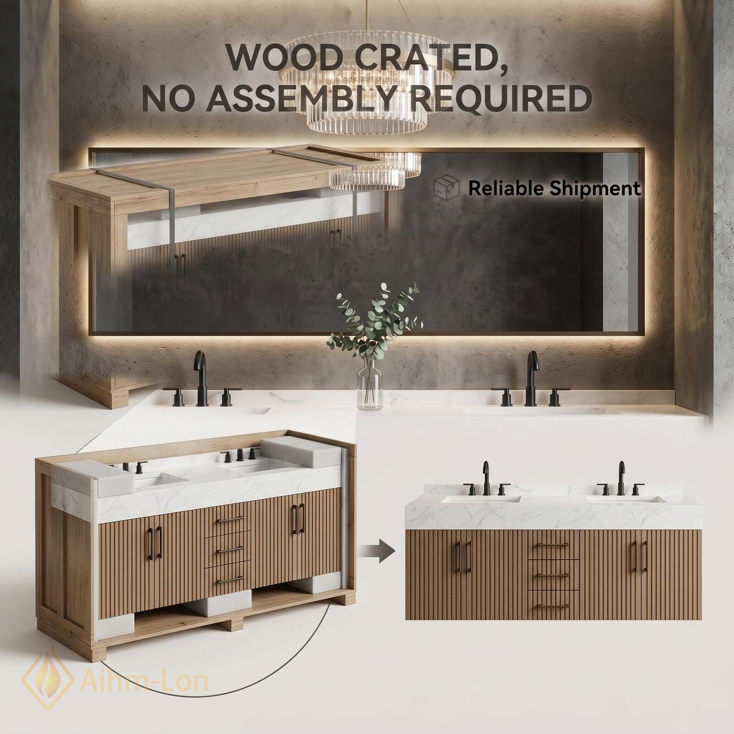 60''-96'' Double Bathroom Vanity with Sink White Modern Floating Slatted-Panels Marble