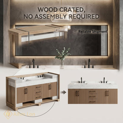 60''-96'' Double Bathroom Vanity with Sink White Modern Floating Slatted-Panels Marble