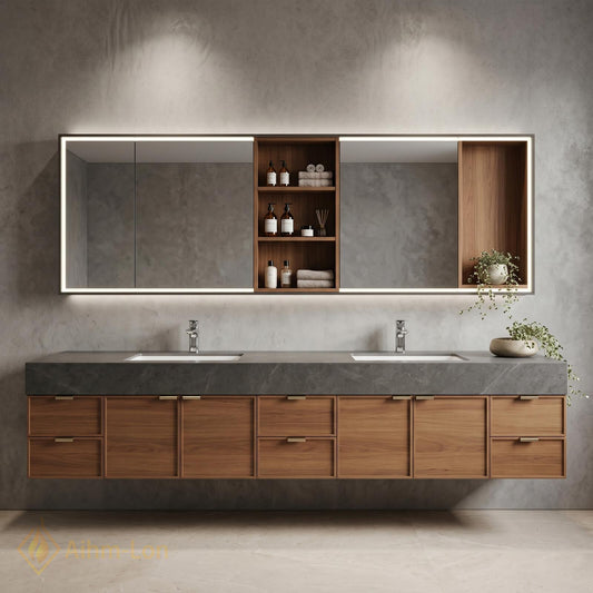 76''-96'' Modern Double Bathroom Vanity with Sink Floating Dark Stone Wood-Finish Cabinet