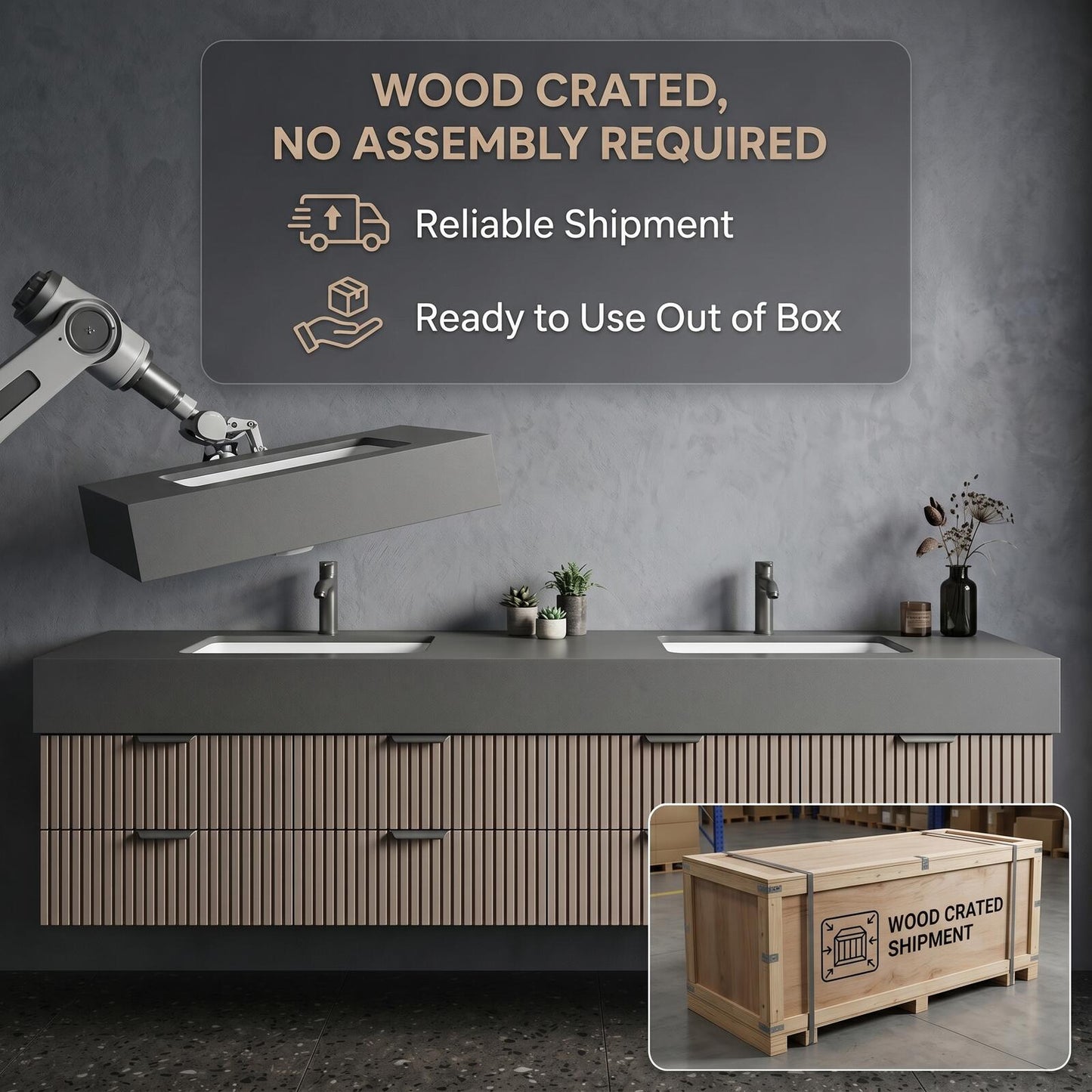 70''-96'' Modern Bathroom Vanity with Sink Floating Vertical Slatted Panels Open Shelf Cabinet