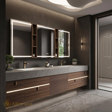 60''-96'' Modern Floating Bathroom Vanity with Sink Grey Marble Slatted Center Panel