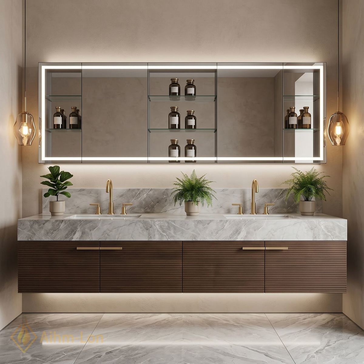 60''-96'' Double Bathroom Vanity with Sink Spacious Mirror Cabinet Luxurious Marble Top