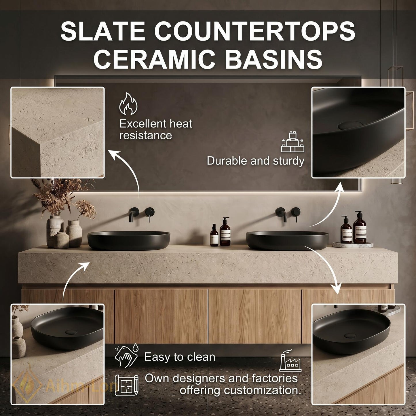 60''-96'' Double Bathroom Vanity with Sink Light-Oak Modern Floating Two Vessel