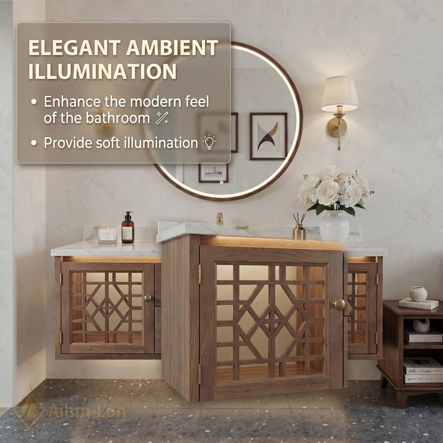 48''-64'' Modern Bathroom Vanity with Sink Floating Lattice Glass Wood Grain Drawers