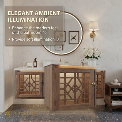 48''-64'' Modern Bathroom Vanity with Sink Floating Lattice Glass Wood Grain Drawers