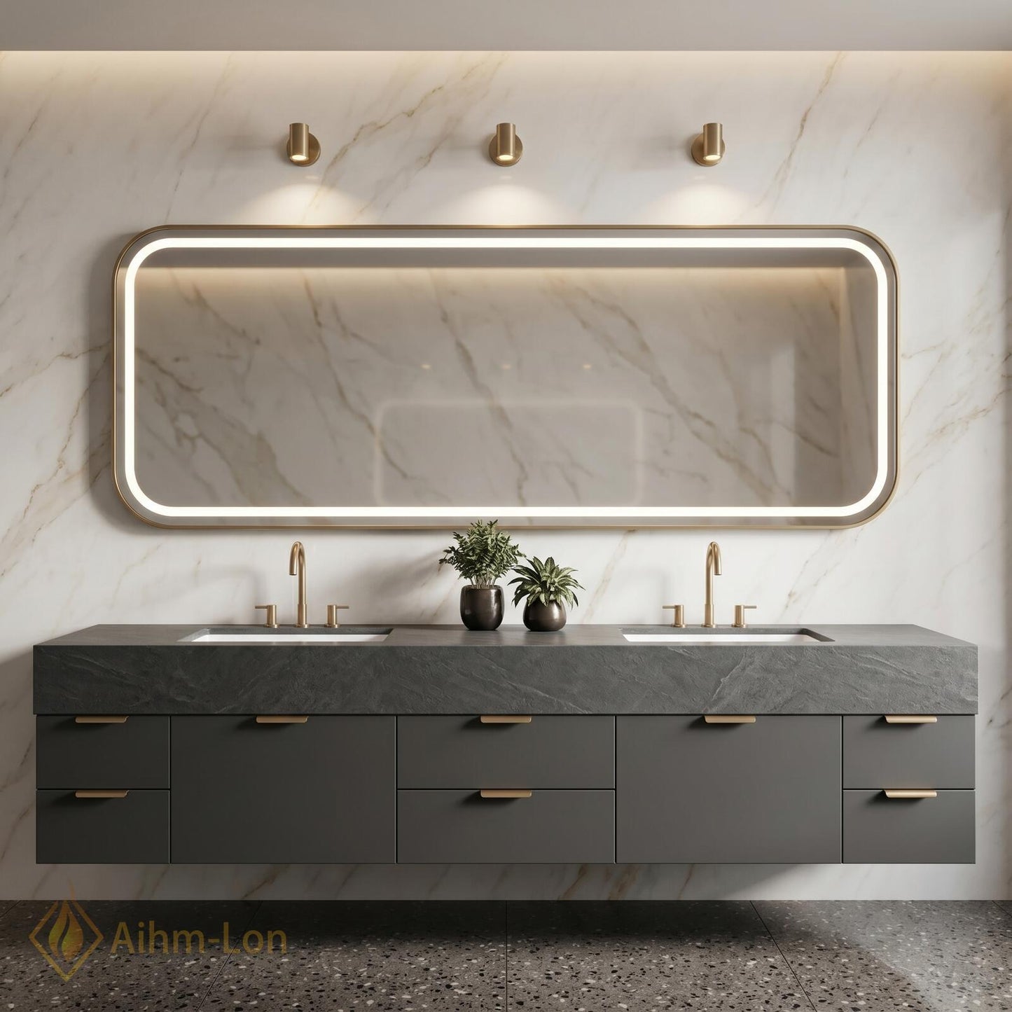 70''-96'' Double Bathroom Vanity with Sink Dark Grey Modern Floating Stone Countertop