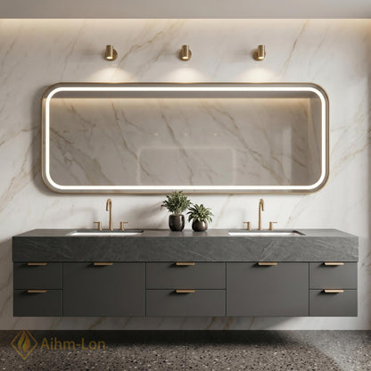 70''-96'' Double Bathroom Vanity with Sink Dark Grey Modern Floating Stone Countertop