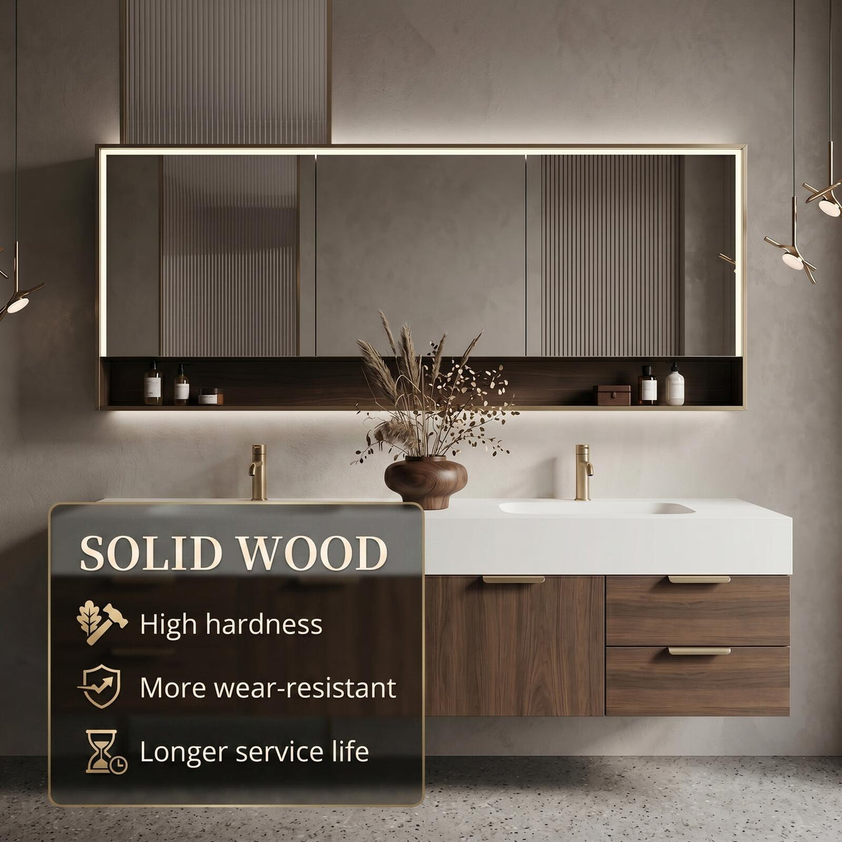 60''-96'' Double Bathroom Vanity with Sink Modern Floating Walnut Finish Fluted Mirror Panel