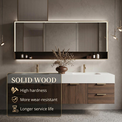 60''-96'' Double Bathroom Vanity with Sink Modern Floating Walnut Finish Fluted Mirror Panel