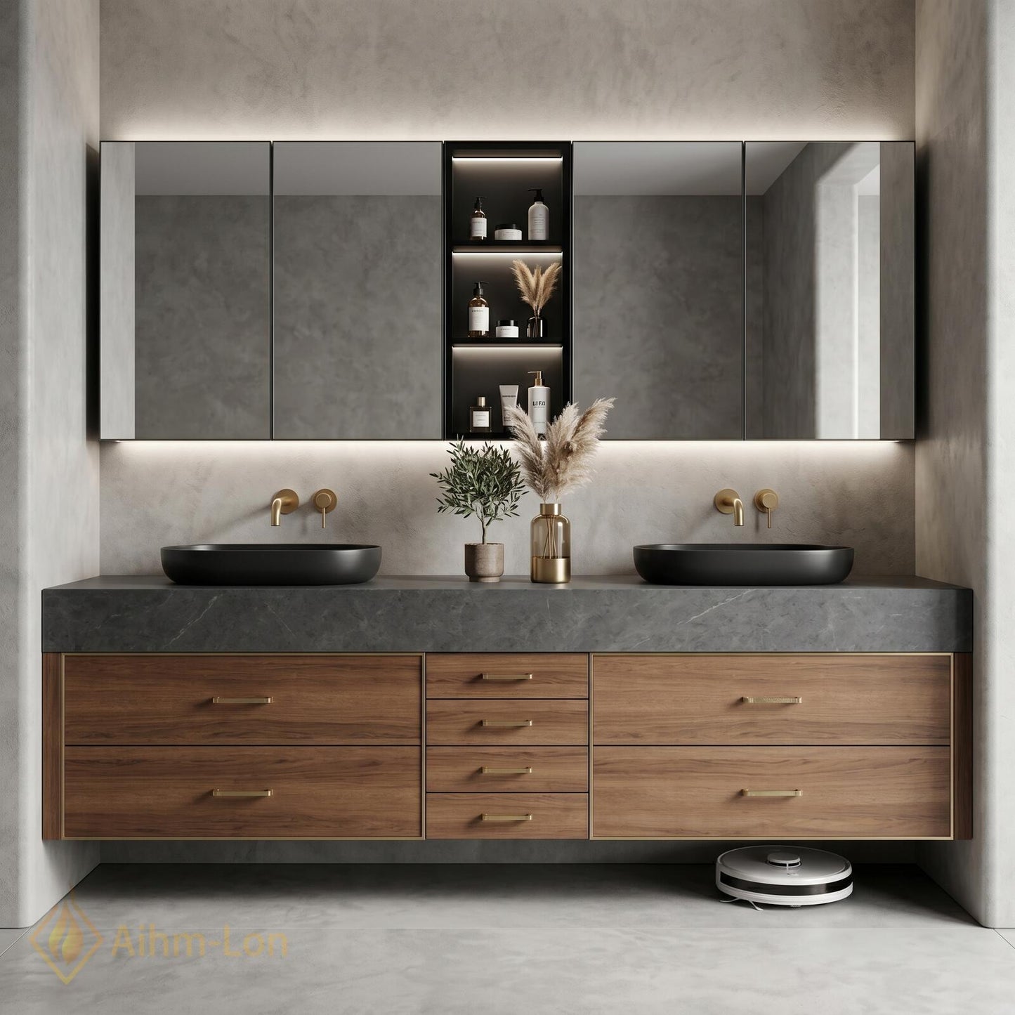 60''-96'' Double Bathroom Vanity with Sink Modern Floating Walnut Finish Sliding Cabinet