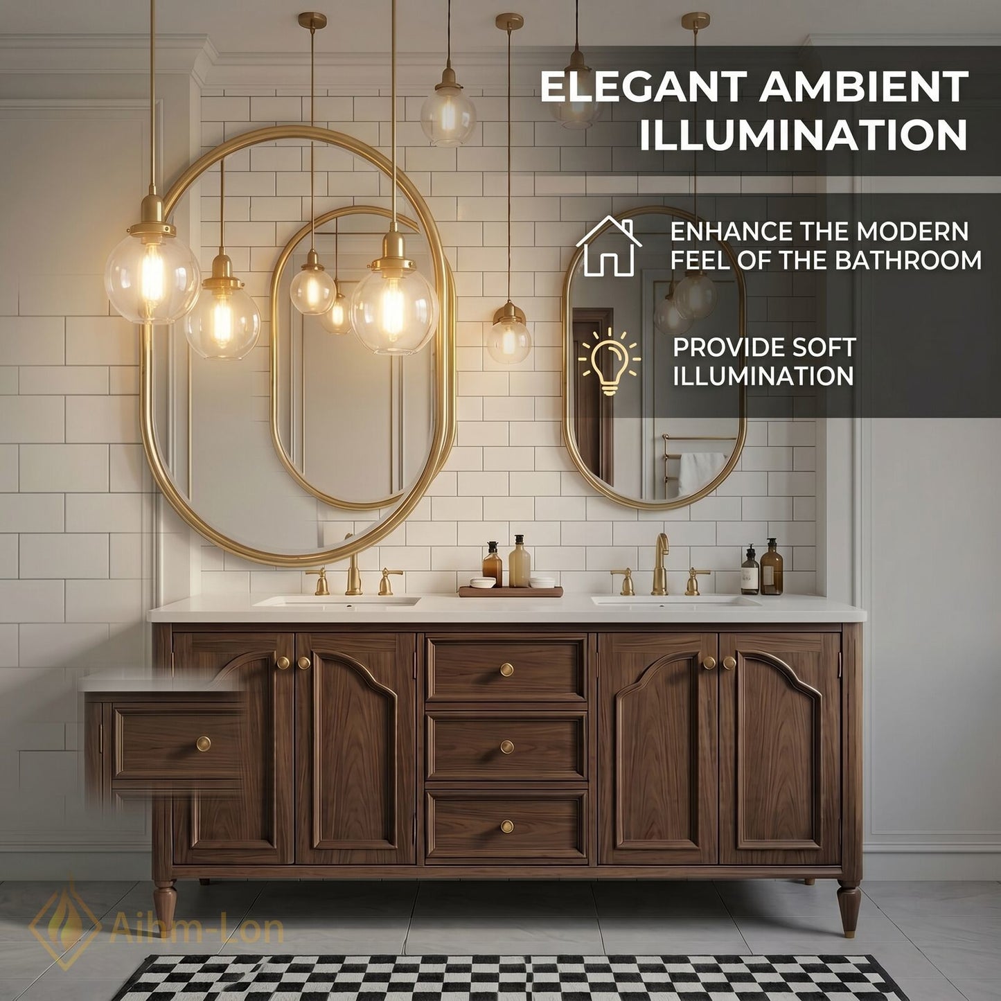 70''-96'' Double Bathroom Vanity with Sink Arched Panel Doors Solid Wood Central Drawer