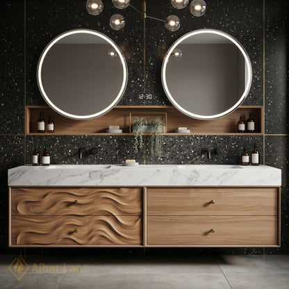 60''-96'' Double Bathroom Vanity with Sink Wavy Wood Panels Open Mirror Shelves
