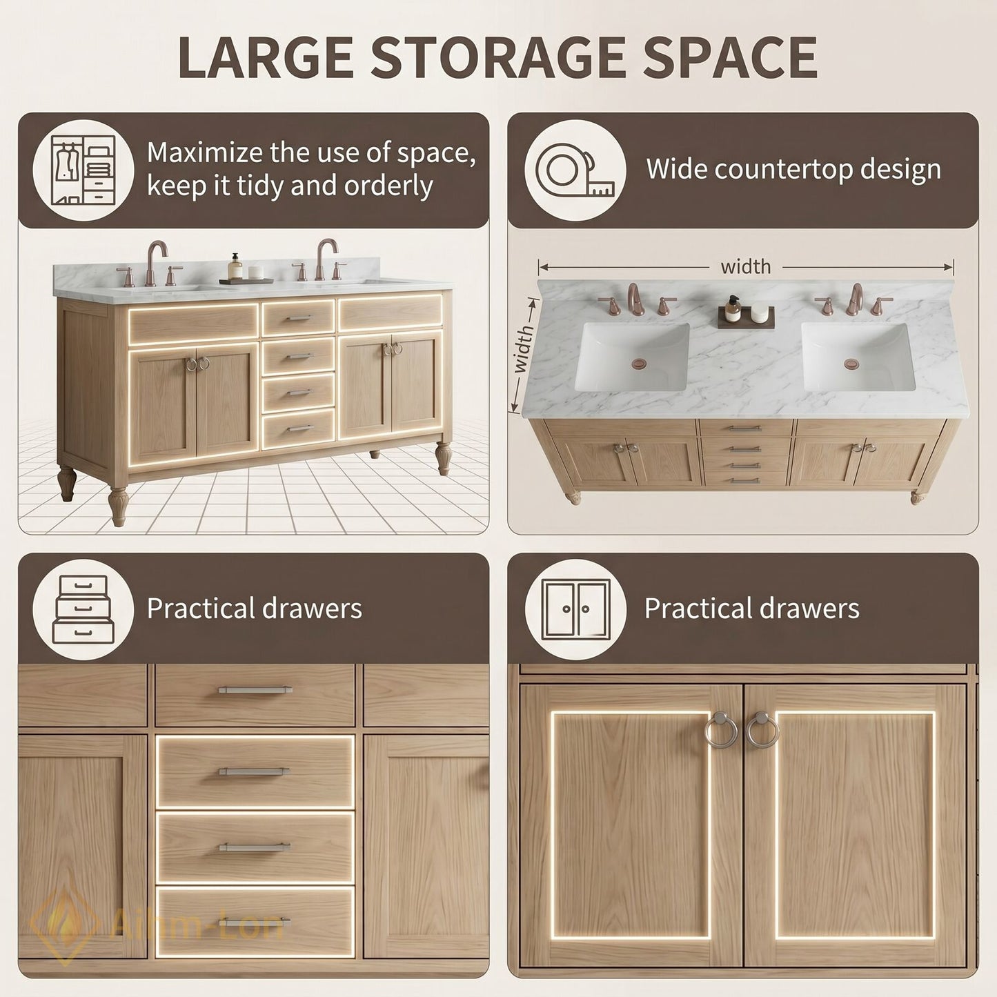 70''-96'' Double Bathroom Vanity with Sink Marble-Style Light Oak Cabinet Storage