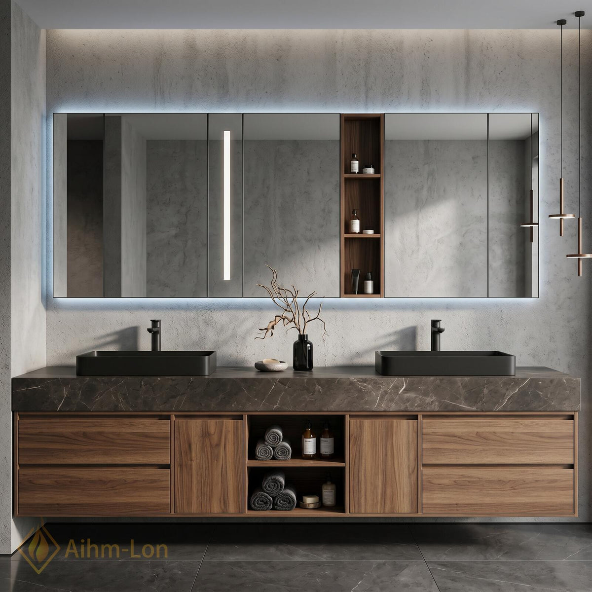 76''-96'' Bathroom Vanity with Sink Floating Double Warm Wood Finish Open Shelving