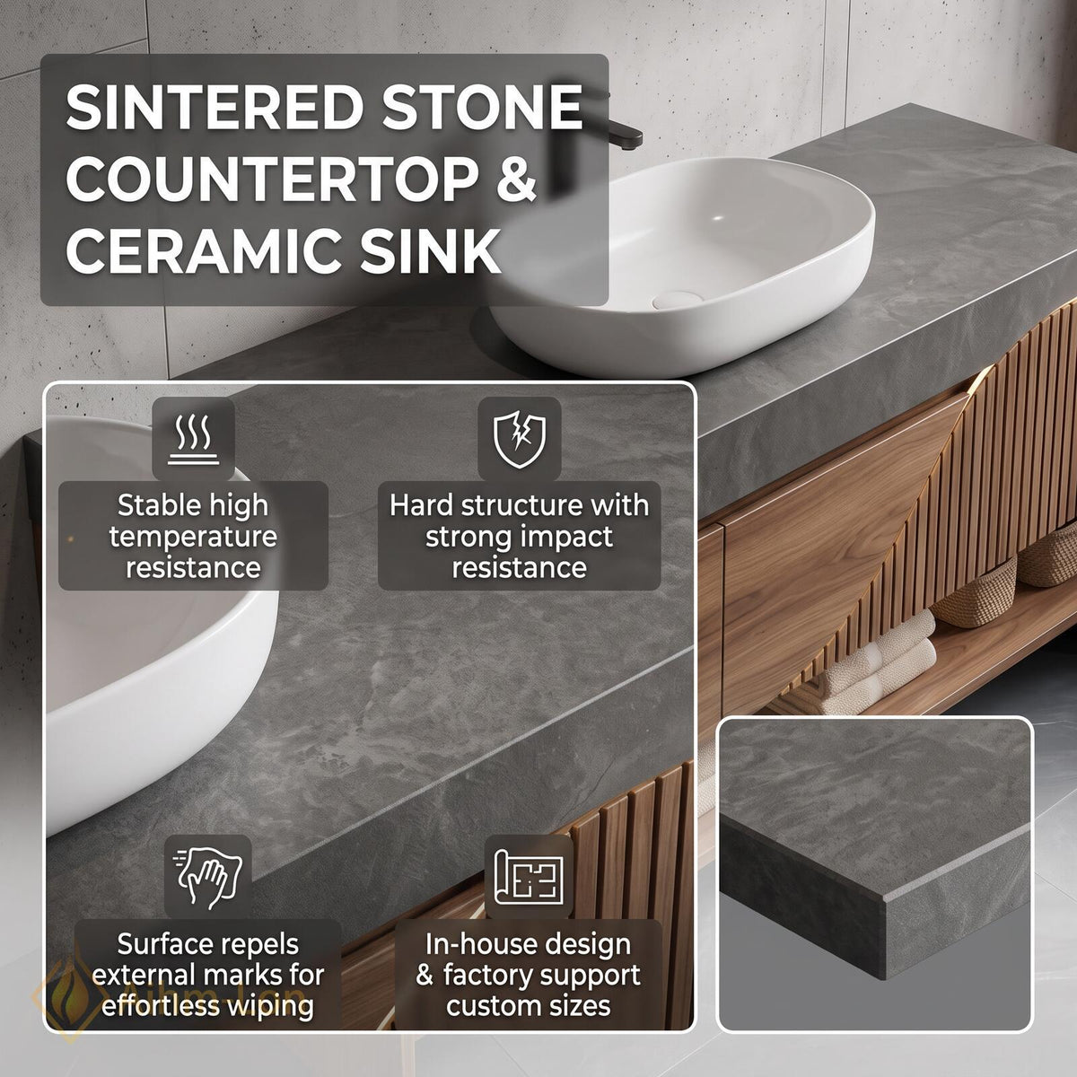 36''-110'' Floating Bathroom Vanity with Sink Wavy Wood Front Stone Top