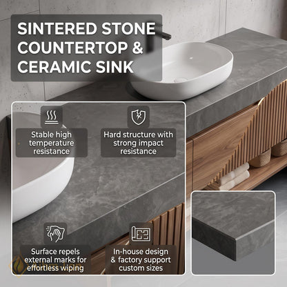 36''-110'' Floating Bathroom Vanity with Sink Wavy Wood Front Stone Top