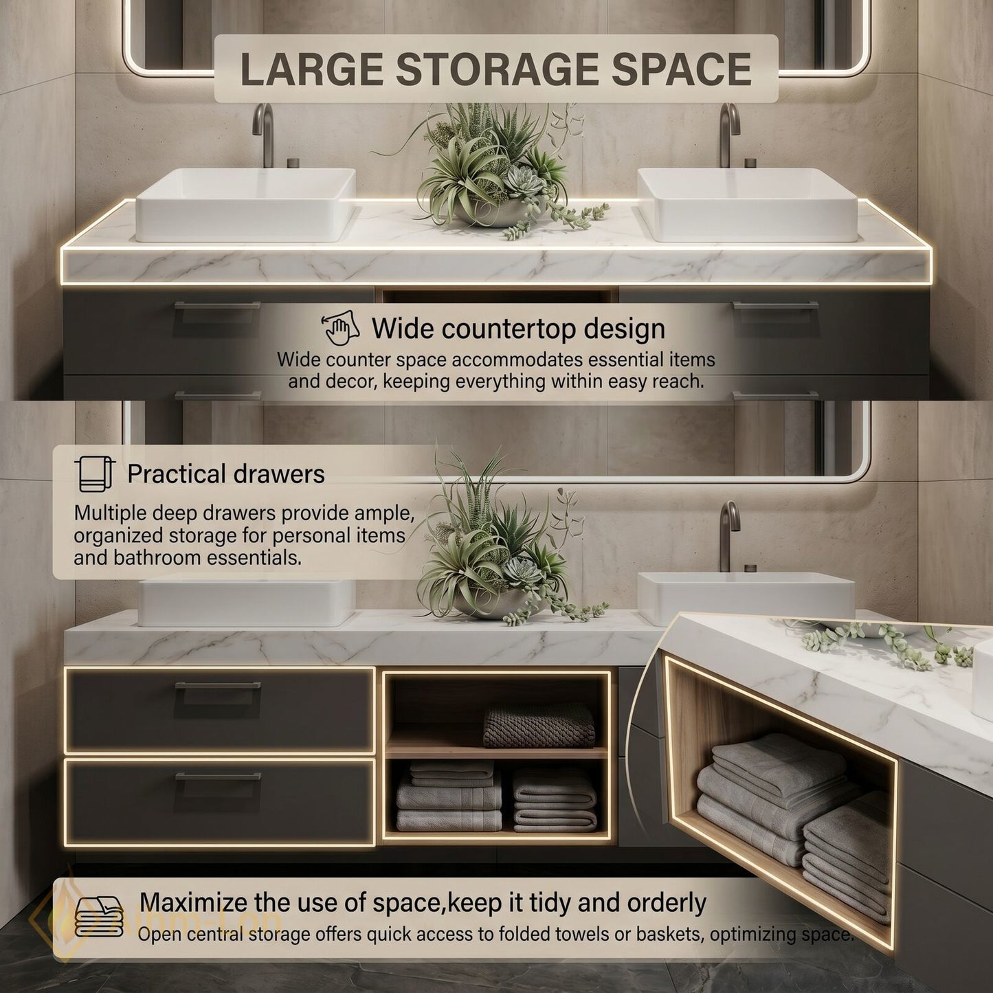 60''-96'' Double Bathroom Vanity with Sink Floating Base White Marble Top Open
