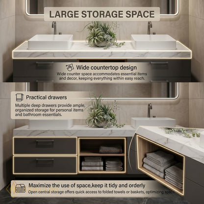 60''-96'' Double Bathroom Vanity with Sink Floating Base White Marble Top Open