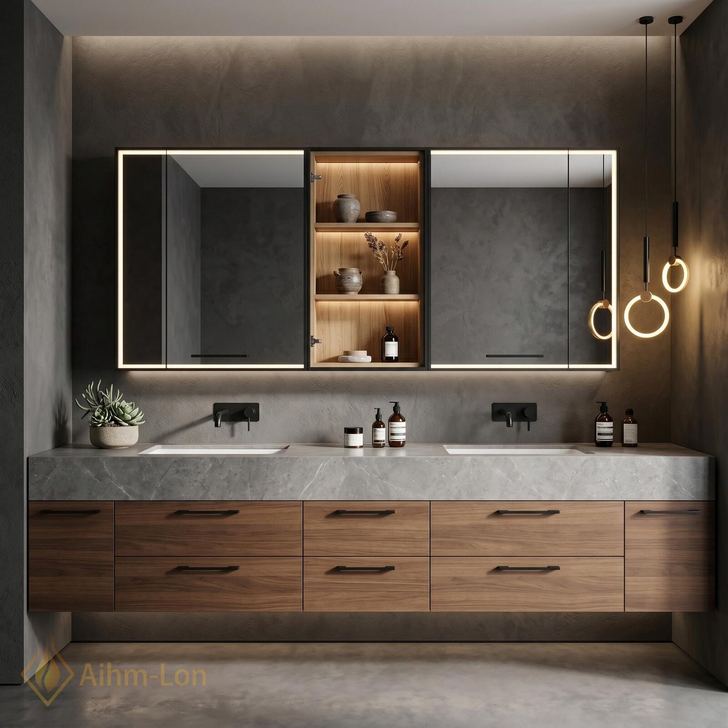 70''-96'' Double Bathroom Vanity with Sink Spacious Dark Wood Grain Marble-Style Top