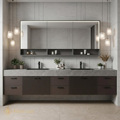 60''-96'' Double Bathroom Vanity with Sink Fluted Panels Charcoal Grey Finish