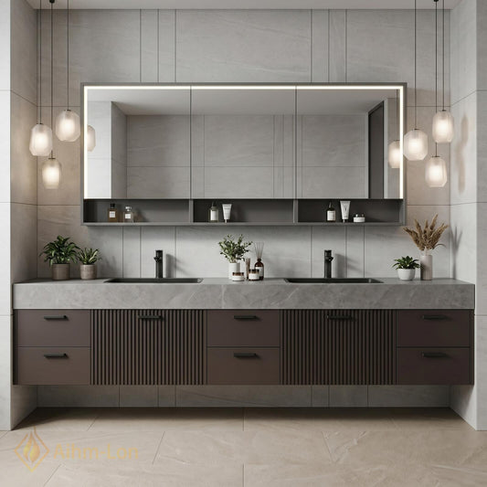 60''-96'' Double Bathroom Vanity with Sink Fluted Panels Charcoal Grey Finish