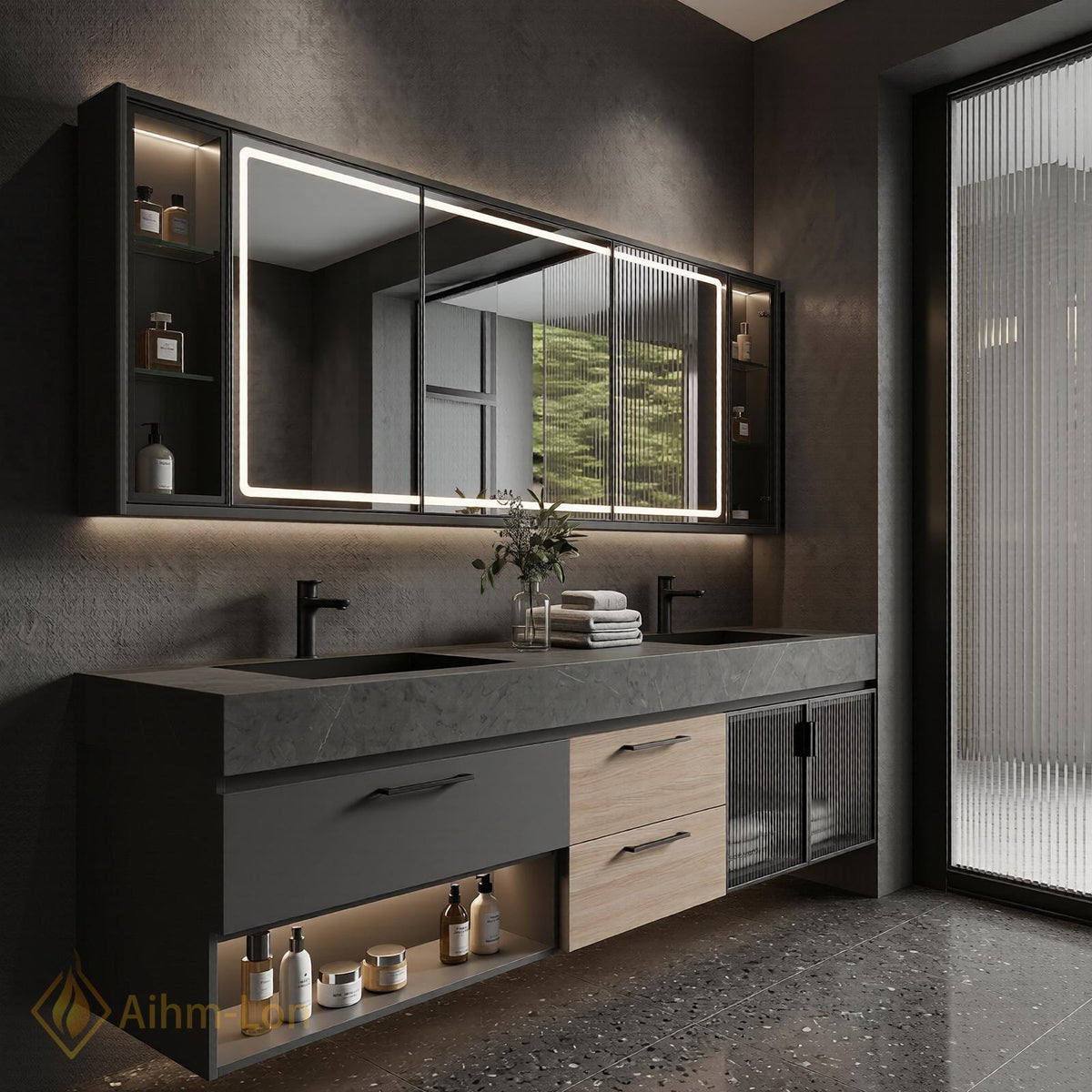 60''-96'' Double Bathroom Vanity with Sink Ribbed Panel Matte Dark Finish