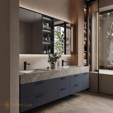 60''-96'' Double Bathroom Vanity with Sink Floating Gray Matte Finish Glass Mirrors