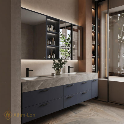 60''-96'' Double Bathroom Vanity with Sink Floating Gray Matte Finish Glass Mirrors
